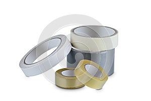 Office stationary Roll of Glue tape, masking tape, Double-sided adhesive, Cloth tape and scotch tape isolated on white background
