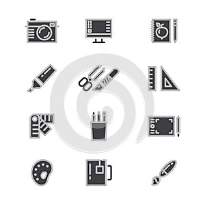 Office statonery, creative and graphic design tools line icons