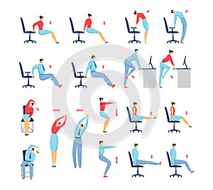 Office stretching exercises people set of isolated vector illustration, business man and woman on chair workout and