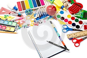 Office and student accessories over white.