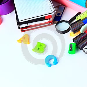 Office and student accessories on a white.