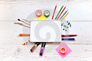 Office and student gear over white background. Back to school co