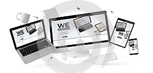 office stuff and devices floating with we design website