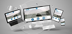 office stuff and devices floating with web design website