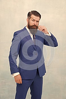 Office style. Business attire. Fashion wardrobe. Menswear store. Get exclusive formalwear. Bearded man blue suit. Mature