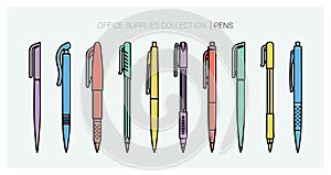Office supplies collection. Pens set. Writing tools. Outline style. Ballpoint thin line vector icons. Biro, Fountain pen