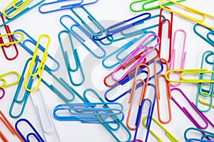 Office supplies colorful concepts, paper clips on white background