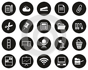 Office Supplies Icons White On Black Flat Design Circle Set Big