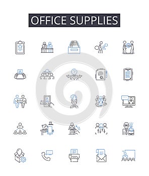 Office supplies line icons collection. Statiry items, Business tools, Work essentials, Writing materials, Desktop