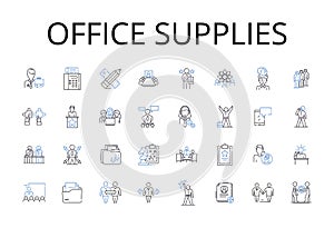 Office supplies line icons collection. Statiry items, Business tools, Work essentials, Writing materials, Desktop