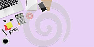 Office supplies on purple background, top view header. Vector illustration