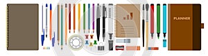 Office supplies and school items assortment. Vector. Big stationery set: pencils, pens, text marker, brushes, pins, Scotch tape, e