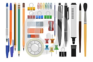 Office supplies and school items assortment. Vector. Stationery set pencils, pens, text marker, brushes, pins, Scotch tape, eraser photo