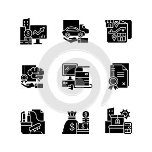 Office supplies and technical equipment black glyph icons set on white space