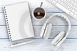Office Supplies. Top View of Opened Notebook, Pen, Keyboard, Headphones and Cup of Coffee. 3d Rendering