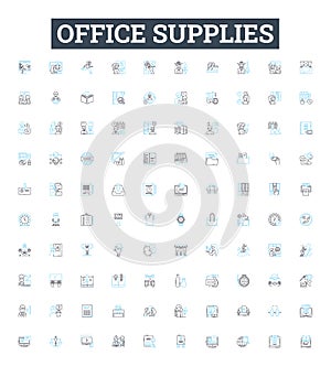 Office supplies vector line icons set. Stationery, Paper, Pencils, Pens, Envelopes, Folders, Post-it illustration