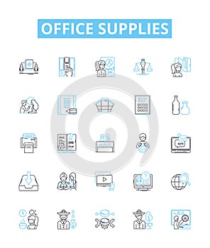 Office supplies vector line icons set. Stationery, Paper, Pencils, Pens, Envelopes, Folders, Post-it illustration
