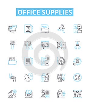 Office supplies vector line icons set. Stationery, Paper, Pencils, Pens, Envelopes, Folders, Post-it illustration