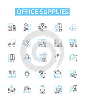 Office supplies vector line icons set. Stationery, Paper, Pencils, Pens, Envelopes, Folders, Post-it illustration