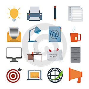 Office supply stationery work business flat style icons set