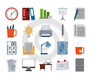 Office supply stationery work business flat style icons set