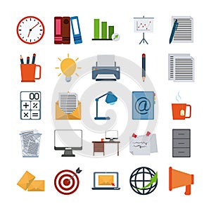 Office supply stationery work business flat style icons set