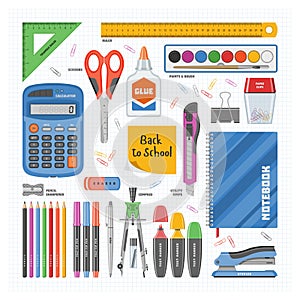 Office supply vector stationery school tools icons and accessories of education assortment pencil marker pen calculator