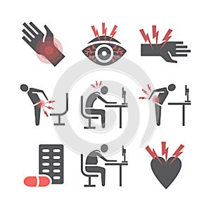 Office syndrome infographic. flat icons. Vector signs