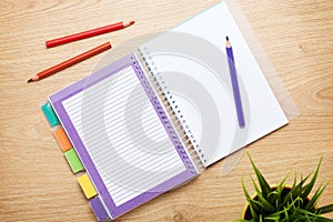 Office table with flower, blank notepad and colorful pencils