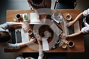 office table four people working top view Office workers gather around a table to do research and implement new ideas illustration