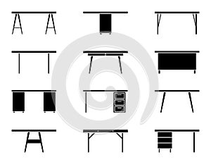 Office table front view icon set. Black furniture silhouette pictogram.