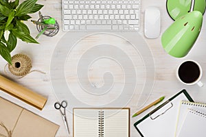 Office table top with various computer accessories and stationery supplies