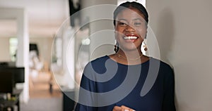 Office tablet, working and happy black woman doing feedback review of digital financial portfolio. Economy mockup, stock