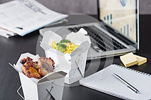 Office take away lunch with computer laptop