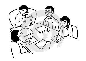 Office team boring meeting caricature drawing. Cartoon illustrating a group of people different genders sitting at the