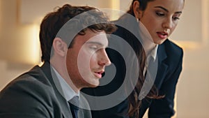 Office team discussing task working together computer closeup. Managers talking