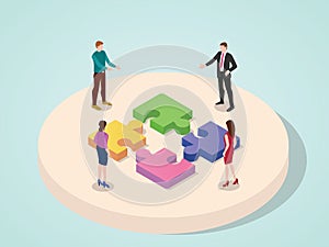 Office team working together collaboration connection puzzle element concept of business with isometric 3d modern flat cartoon