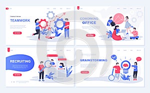Office teamwork web concept for landing page in flat design. Colleagues brainstorming and collaboration, coworking space,