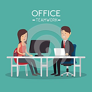 Office teamwork woman and man working pc