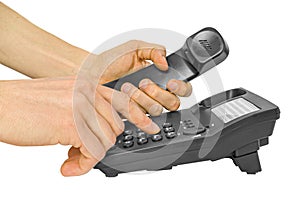 Office telephone with hands dialing isolated. png transparent