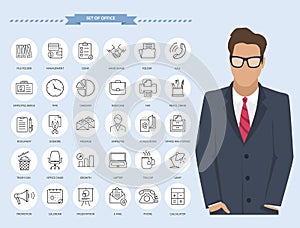 Office thin line icons. Businessman with set of office contact, connection and payment icons