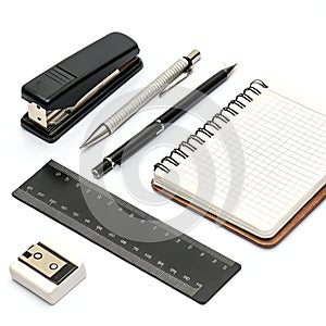 Office tools on desk isolated on a white background