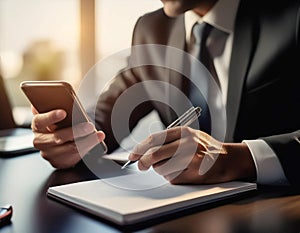 Office tools and gadgets symbolizing an assistant\'s role, featuring items like a notebook, pen, and smartphone, representing photo