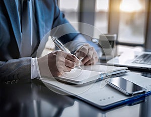 Office tools and gadgets symbolizing an assistant\'s role, featuring items like a notebook, pen, and smartphone, representing photo