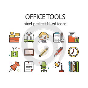 OFFICE TOOLS MINI SET : Filled outline icons , pictogram and symbol collection.