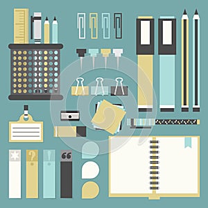 Office tools, supplies, and stationery icons set