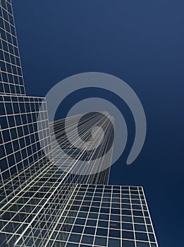 Office tower against blue sky