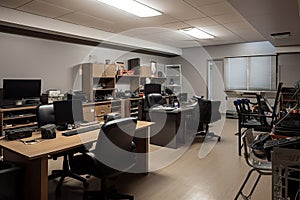 office with variety of ergonomic furniture including chairs, tables, and keyboards