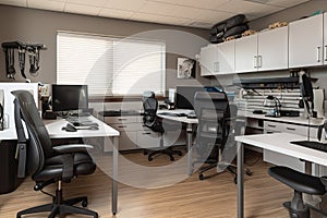 office with variety of ergonomic furniture including chairs, tables, and keyboards