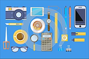 Office various equipment, mobile devices and work tools vector illustration in flat style